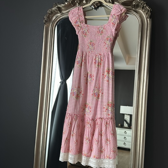LoveShackFancy NWT Emeka Berry Picnic Pink Checkered Floral Midi Dress XS - Picture 5 of 7